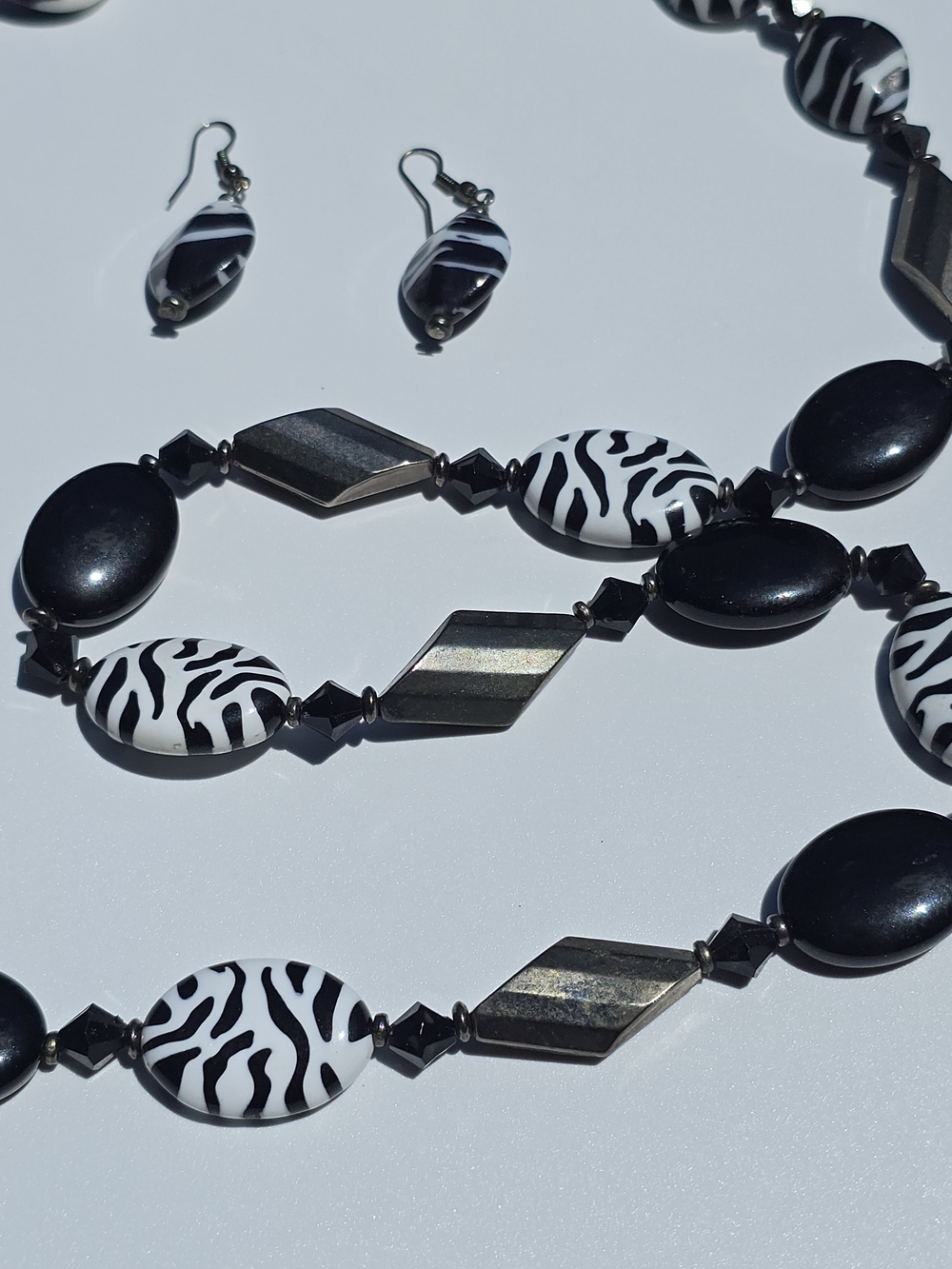 Y2K Zebra Print Beaded Necklace & Earring Set Black White Signed Yousi (You & I)